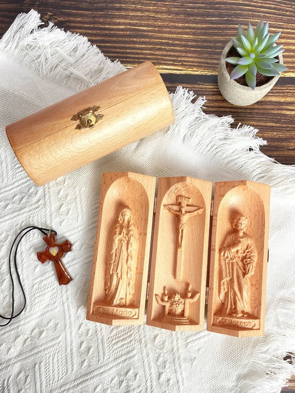 Catholic Wooden Triptych | Mini Wooden Catholic Altar