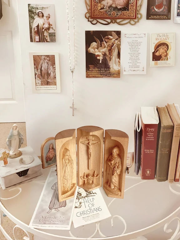 Catholic Wooden Triptych | Mini Wooden Catholic Altar