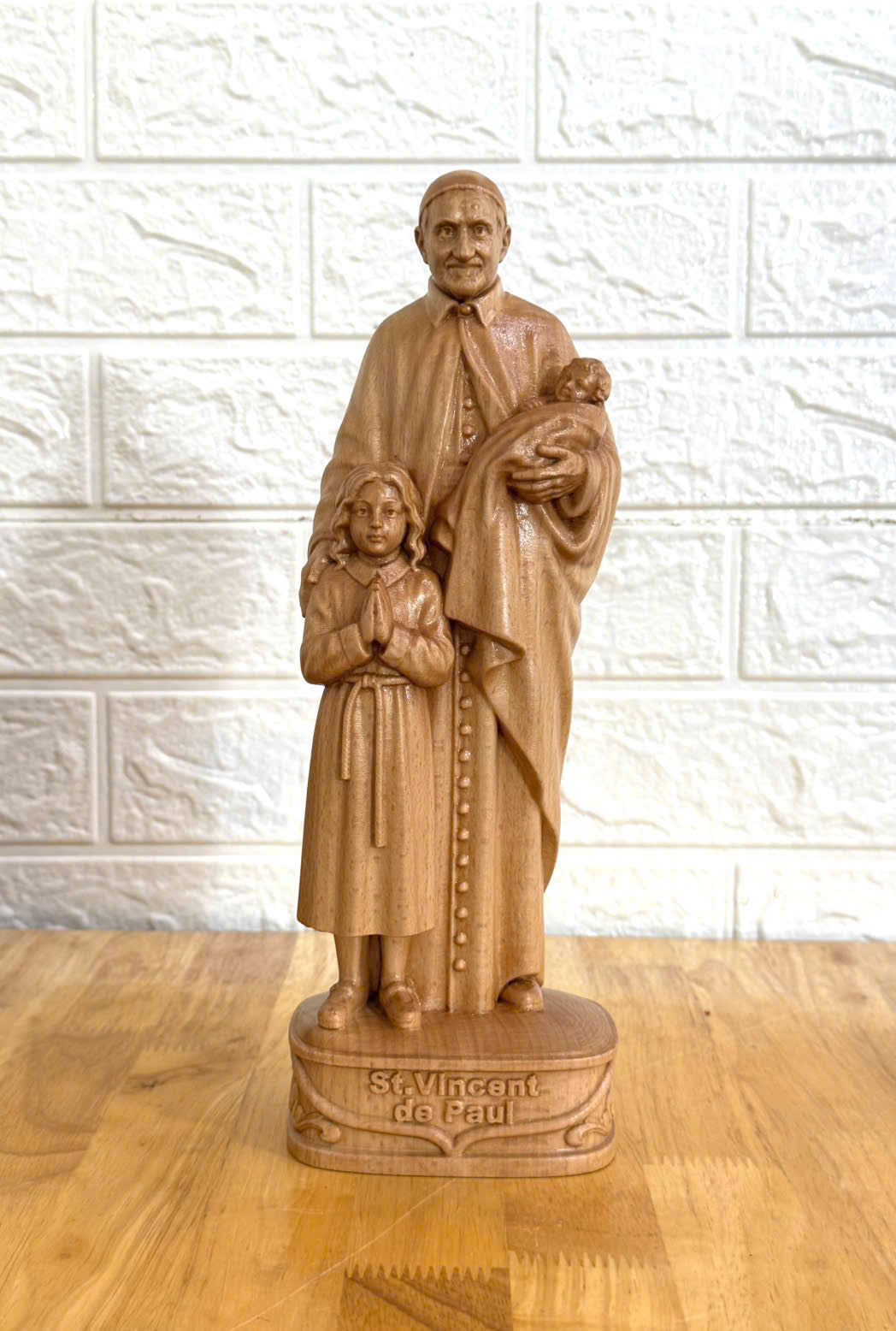 St. Vincent de Paul Wooden Statue – Hand-Carved Catholic Sculpture