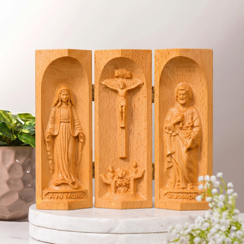 Catholic Wooden Triptych | Mini Wooden Catholic Altar