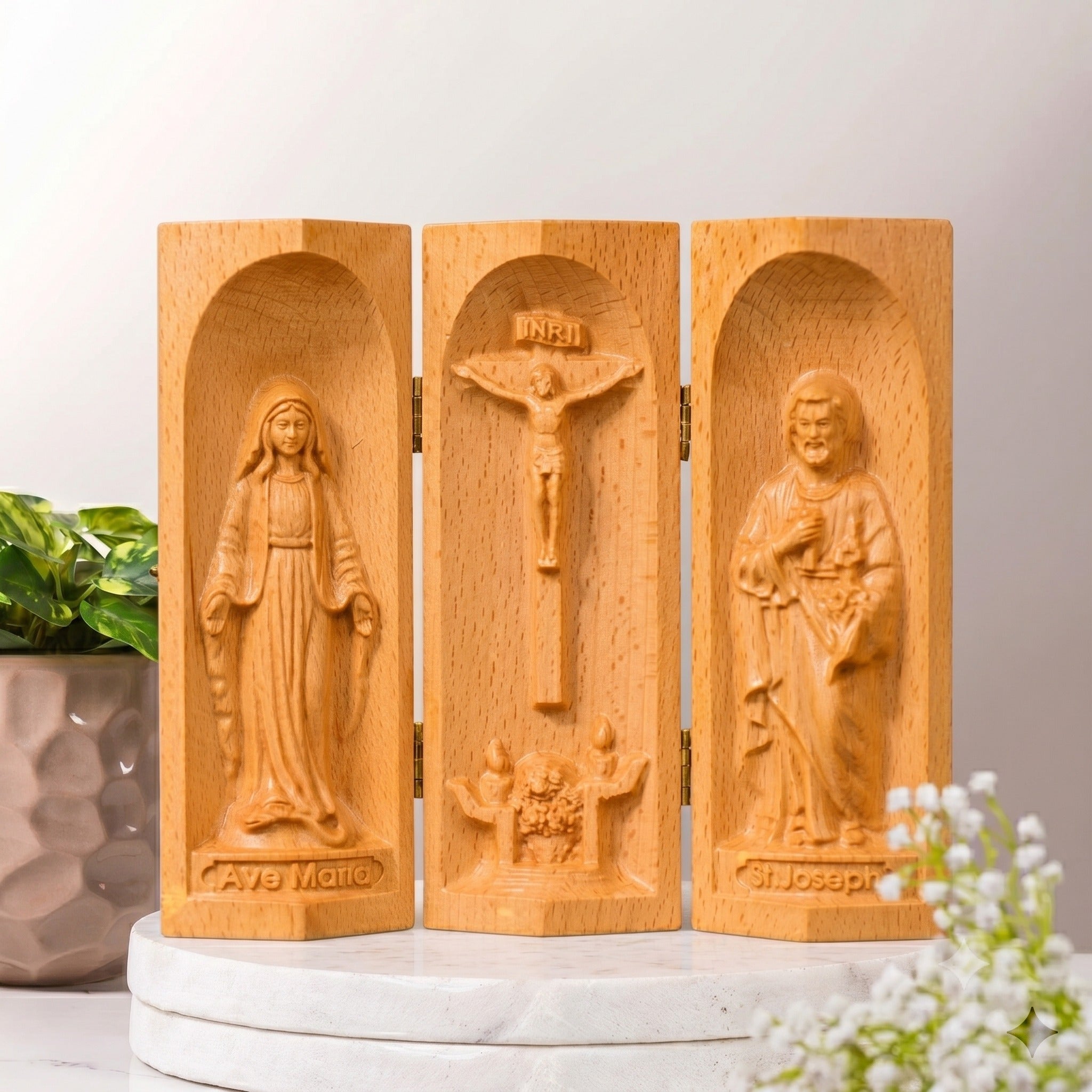 Catholic Wooden Triptych | Mini Wooden Catholic Altar