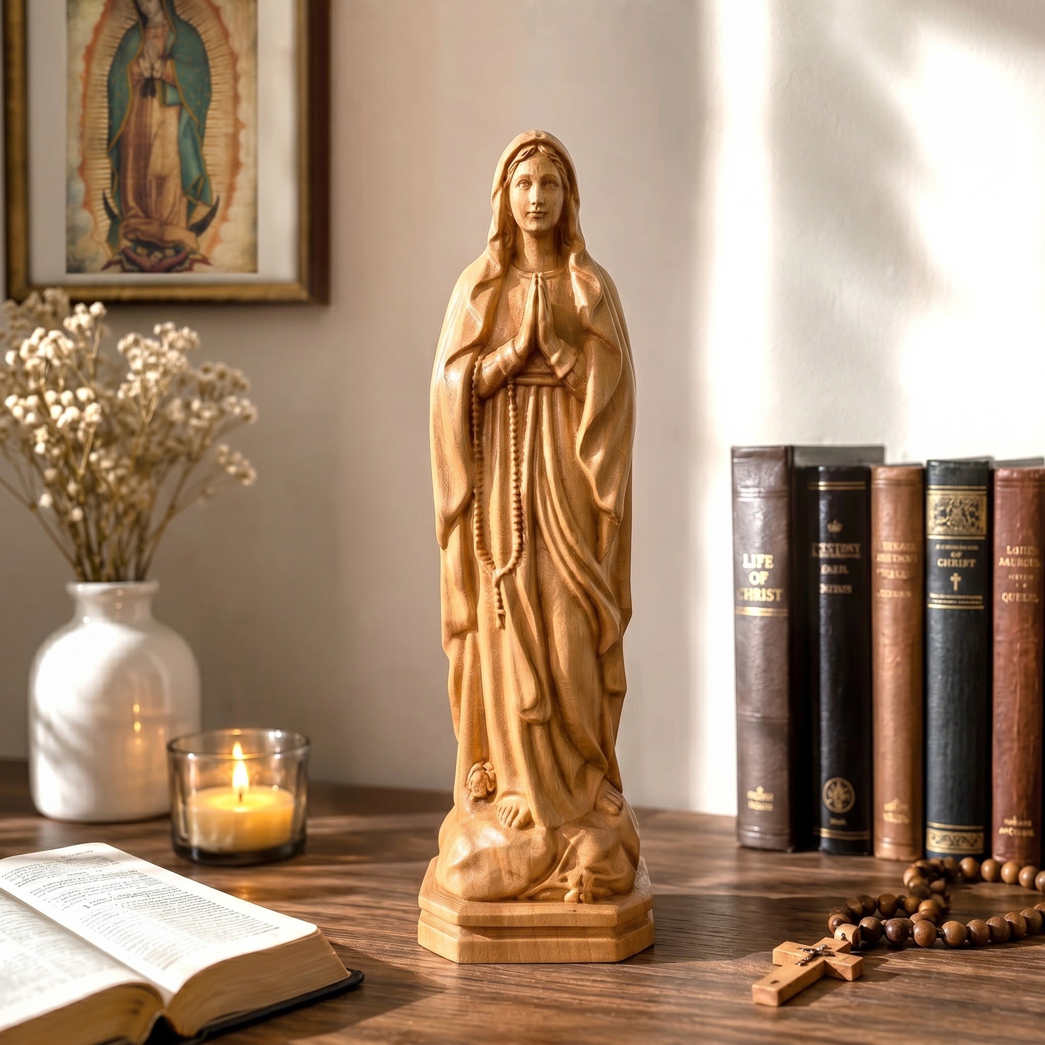 Our Lady of the Rosary Wooden Statue size 7.8in / 9.8in / 11.8in
