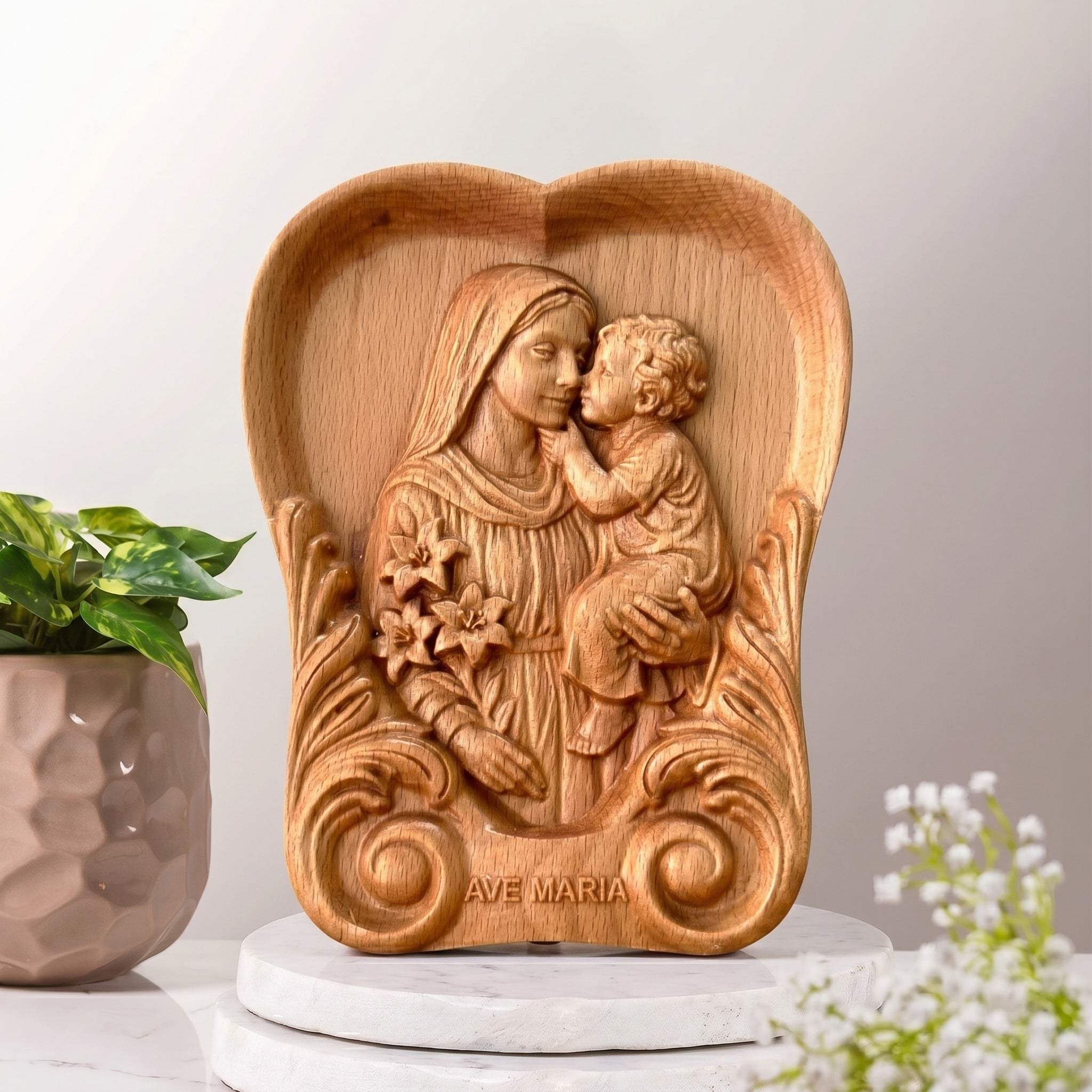 Our Lady and Child Wooden Relief Plaque