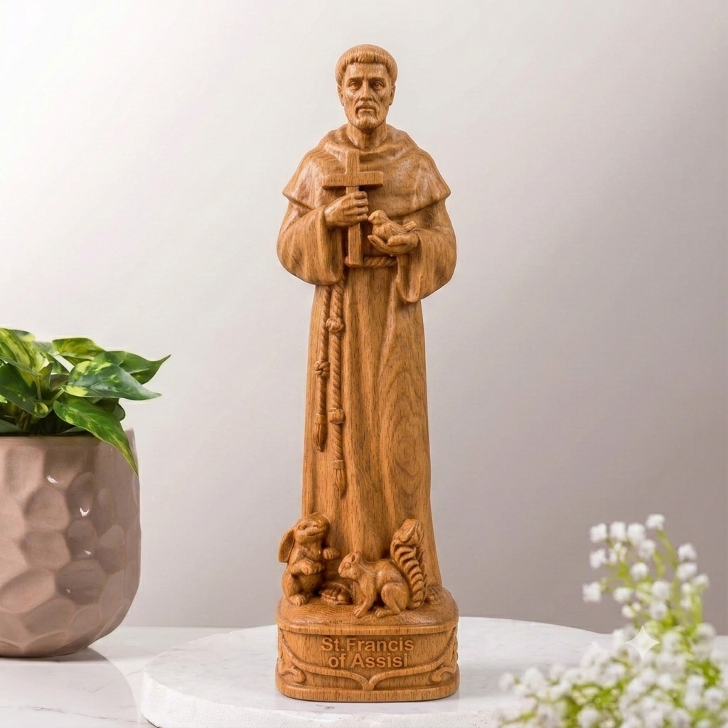 Wooden Statue of Saint Francis of Assisi – Hand-carved Catholic Sculpture