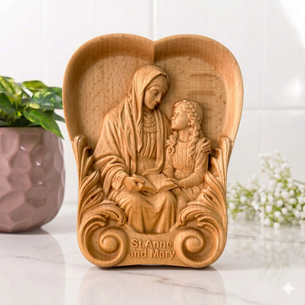 ST. ANNE & YOUNG MARY HAND-CARVED WOOD PLAQUE