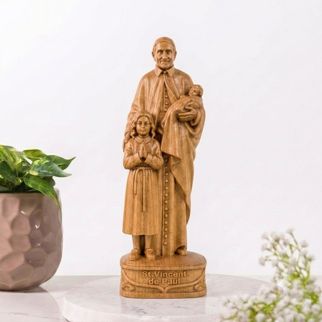St. Vincent de Paul Wooden Statue – Hand-Carved Catholic Sculpture