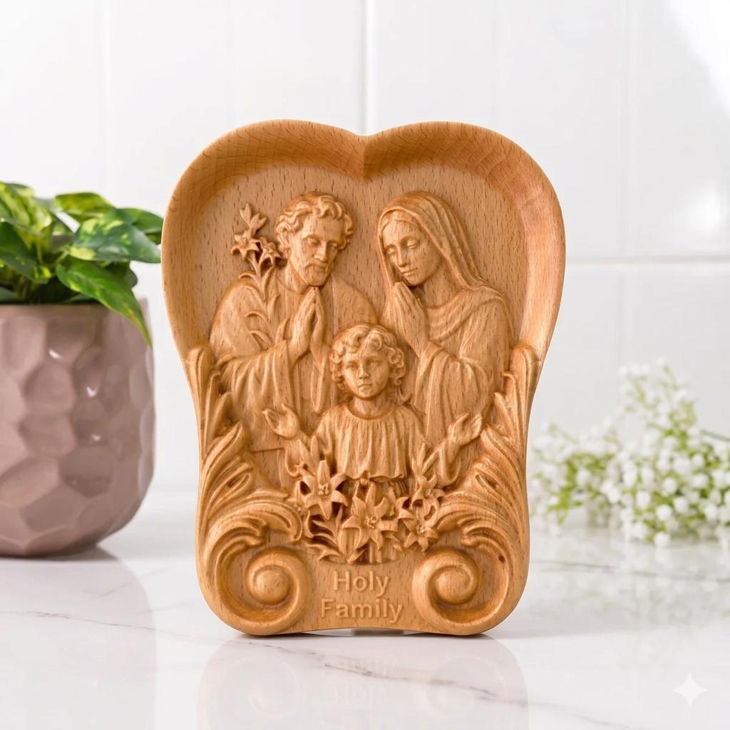 THE HOLY FAMILY WOOD CARVING PLAQUE