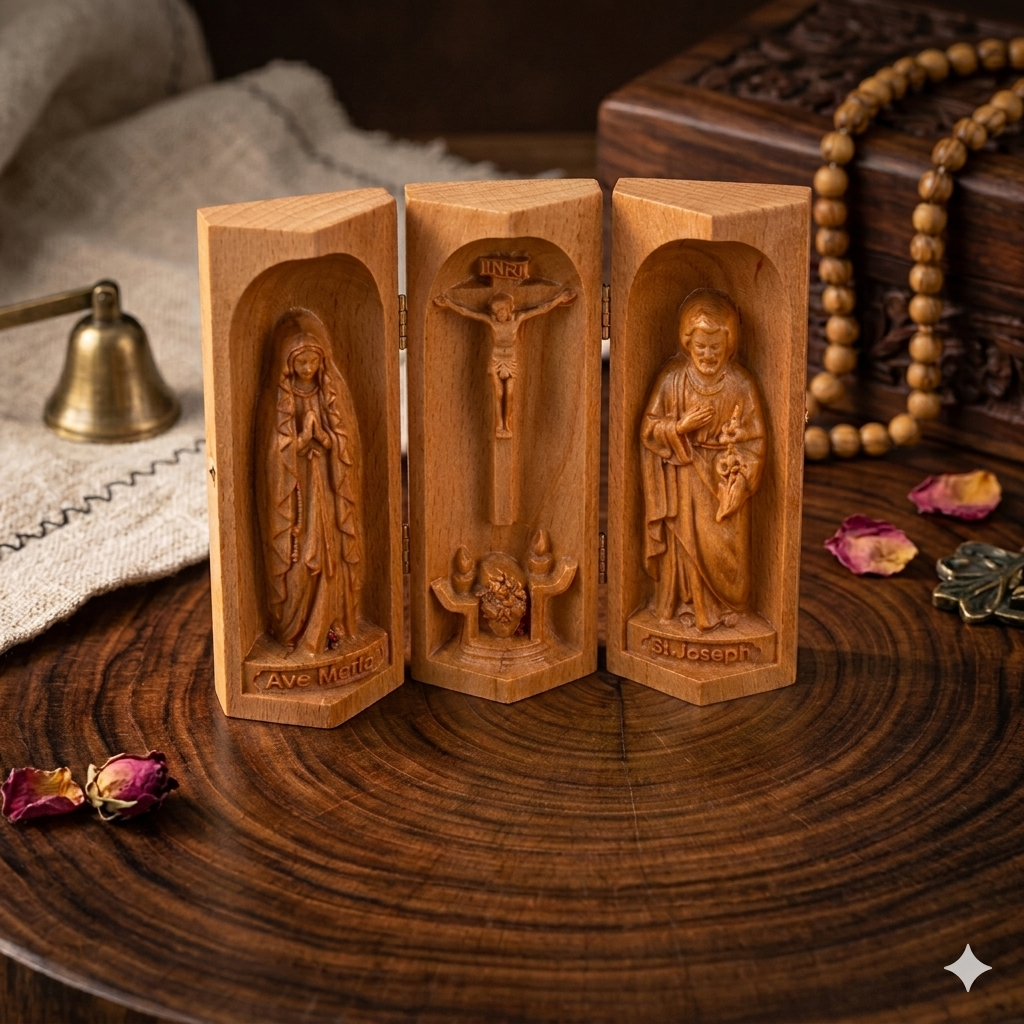 Catholic Wooden Triptych | Mini Wooden Catholic Altar