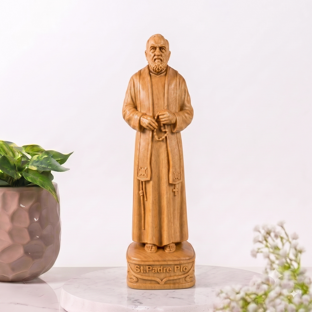 St. Padre Pio Wooden Statue – Hand-Carved Catholic Sculpture in European Beech Wood