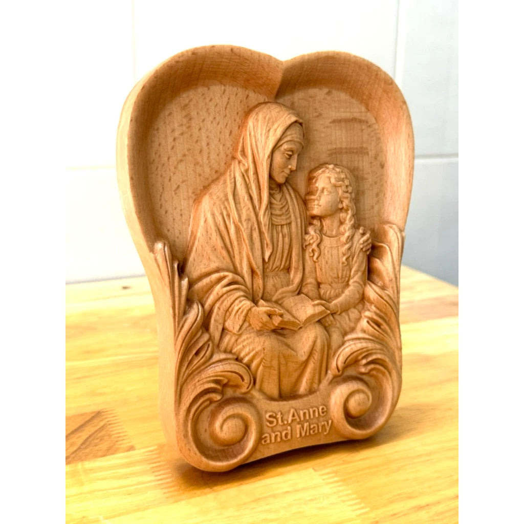 ST. ANNE & YOUNG MARY HAND-CARVED WOOD PLAQUE