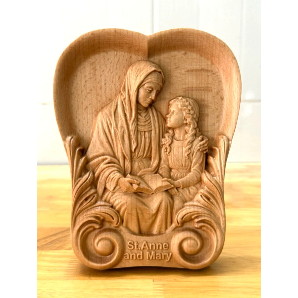 ST. ANNE & YOUNG MARY HAND-CARVED WOOD PLAQUE