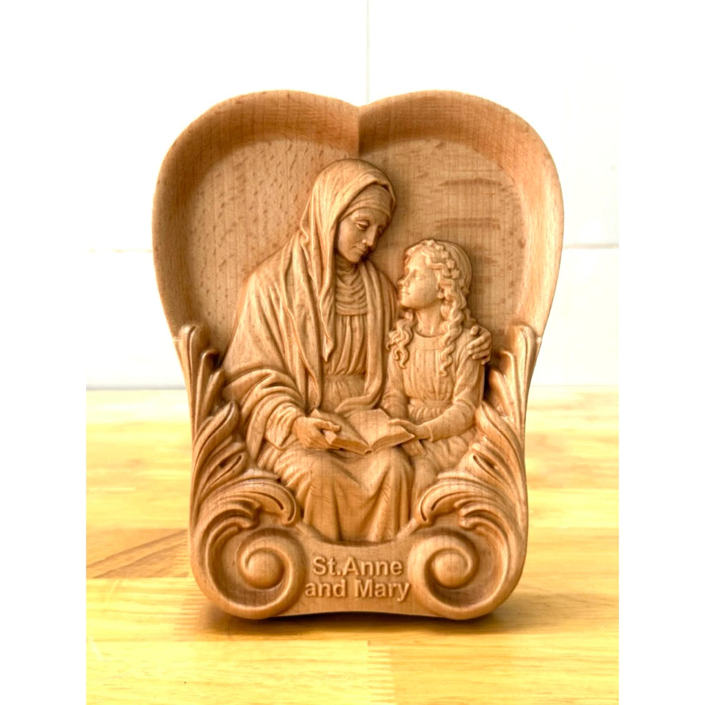 ST. ANNE & YOUNG MARY HAND-CARVED WOOD PLAQUE