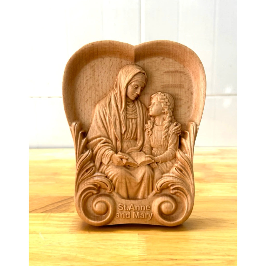 ST. ANNE & YOUNG MARY HAND-CARVED WOOD PLAQUE