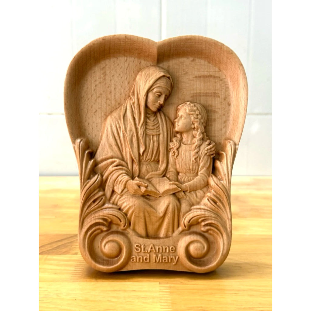 ST. ANNE & YOUNG MARY HAND-CARVED WOOD PLAQUE