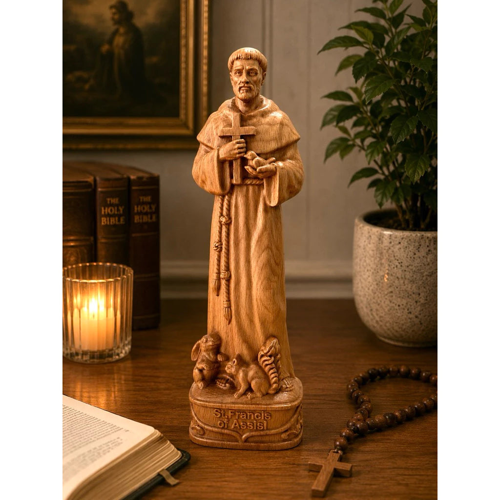 Wooden Statue of Saint Francis of Assisi – Hand-carved Catholic Sculpture