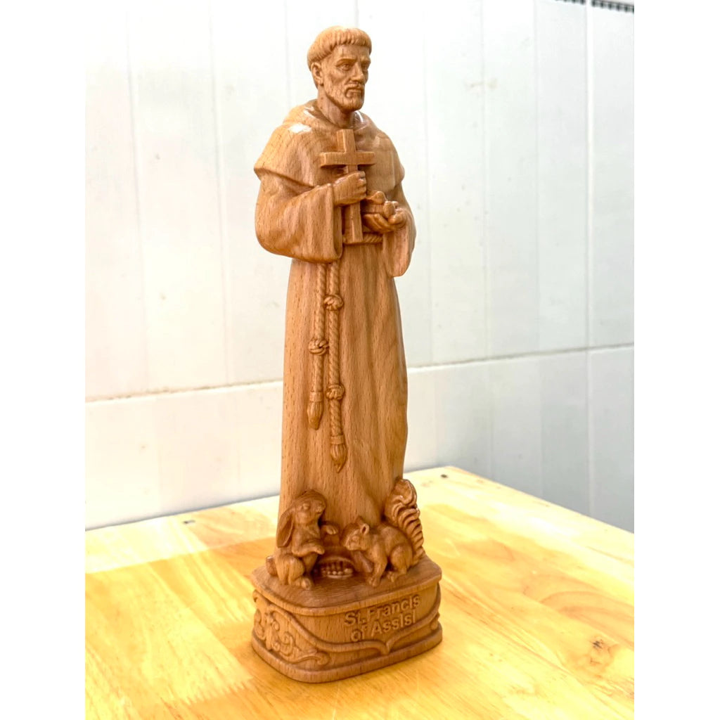 Wooden Statue of Saint Francis of Assisi – Hand-carved Catholic Sculpture
