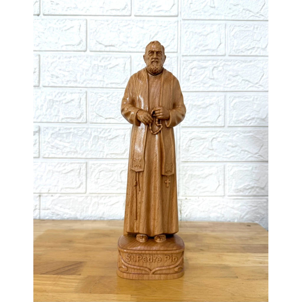 St. Padre Pio Wooden Statue – Hand-Carved Catholic Sculpture in European Beech Wood