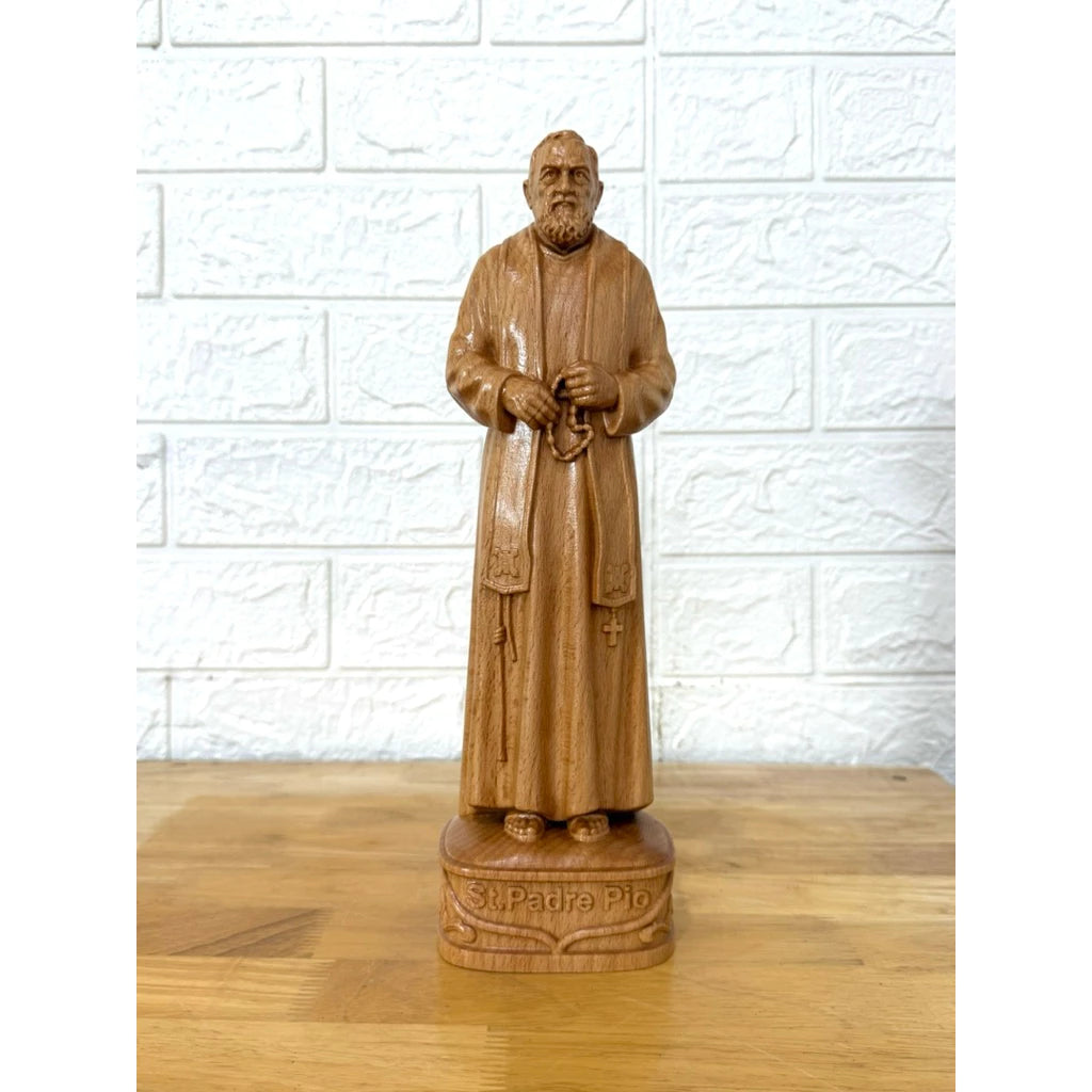 St. Padre Pio Wooden Statue – Hand-Carved Catholic Sculpture in European Beech Wood